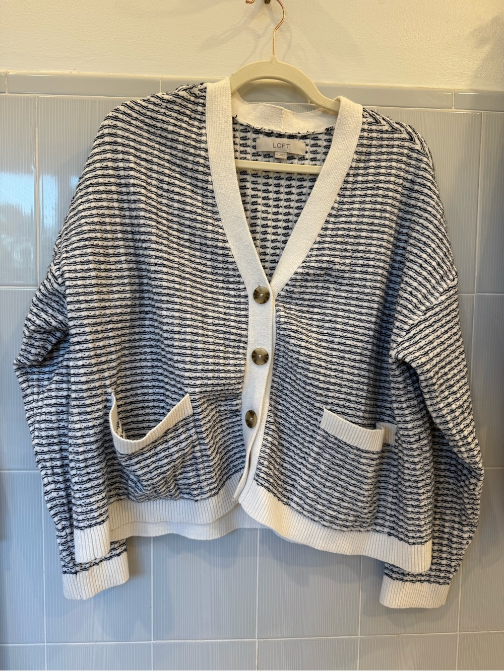 LOFT Navy and White Striped V-Neck Cardigan with Front Pockets
